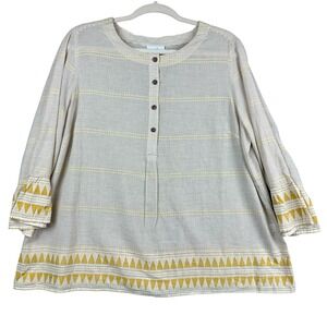 J Jill Ivory Yellow Striped Organic Cotton Tunic Bohemian Blouse Women 1X
